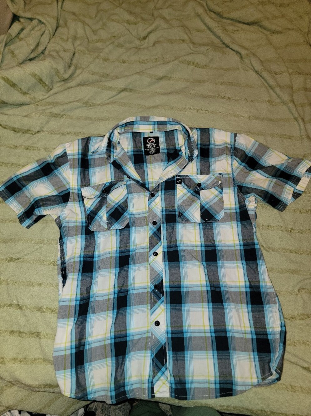 South Pole Men's Short-Sleeve Plaid Button-Down in Blue, Black, White